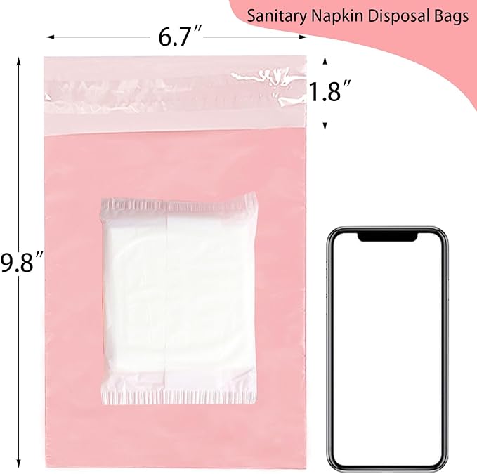 Sanitary Napkin Disposal Bags, 100Pcs Disposable Period Trash Bags, Feminine Hygiene Bags for Pads and Tampons, 1.67 Mil Pink Self-adhesive Feminine Product Disposal Bags for Blocking Odors, 6.7x9.8IN