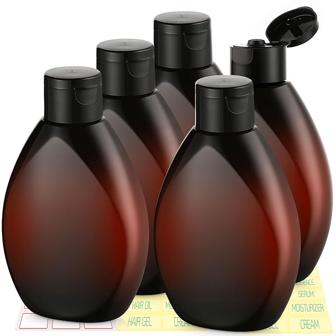 Wowang Plastic Squeeze Bottles with Flip Cap 6.9oz 5 Pack Leak Proof Shampoo and Conditioner Containers Travel Essentials for Shampoo Conditioner Body Wash(Brown)