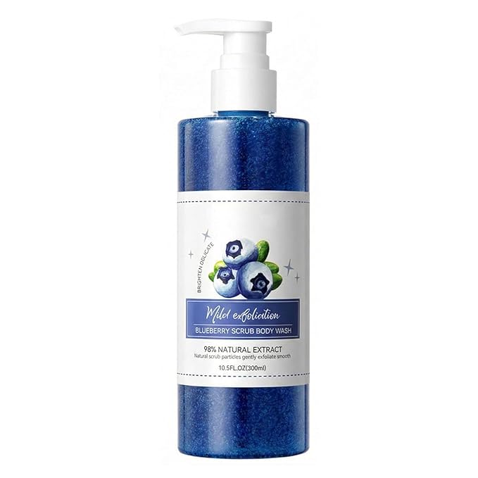 WAYFENGLI Blueberry Exfoliating Body Wash - [300ml] Antioxidant Shower Gel with Natural Seeds - Mild Body Scrub for Strawberry Legs, Dry Skin & Roughness - Sweet Berry Scent
