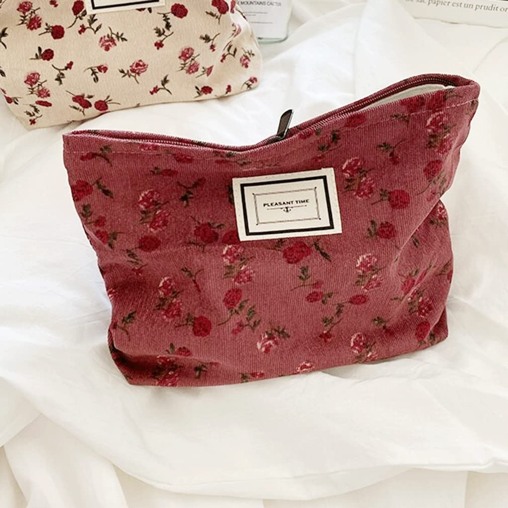 SxoSyo Cosmetic Bags for Purse, Floral Makeup Bag, Dark Red Rose