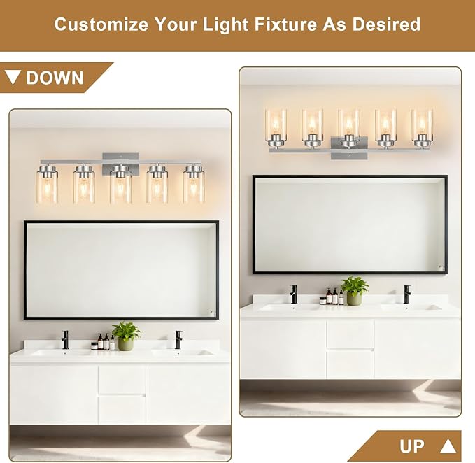 IZORRO Modern Bathroom Light Fixtures, 5 Light Brushed Nickel Vanity Lights, Bathroom Lighting Fixtures Over Mirror with Clear Glass for Living Room Cabinet Bedroom