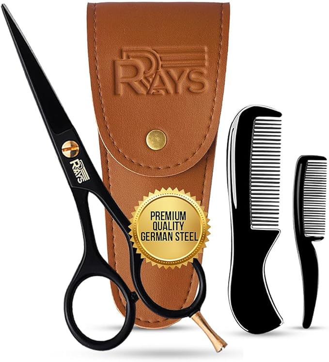 5'' Beard Scissors for Men- German Mustache Scissors with Beard & Mustache Comb- Beard Trimming Scissors with Travel Pouch- Mustache Grooming kit for Men Facial Hair Styling-Mustache Trimmer.