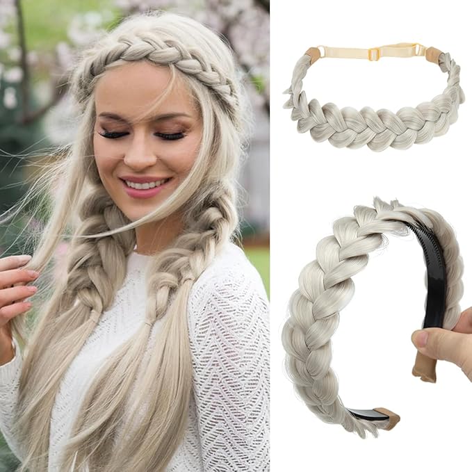 CJL HAIR 2PCs Braided Headbands Hair Piece for Women Synthetic Hair Hoops Head Bands Handmade Braid Hairband Accessories Elastic Stretch Headwrap Ice Blonde