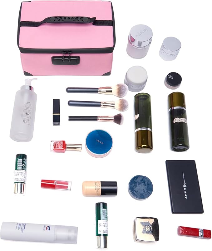 KaAutoler Portable Cosmetic Bag with Lock, Large Capacity Travel Makeup Case Organizer, Waterproof Makeup Bags for Girls Traveling With Handle and Divider Makeup Bag… (Pink)