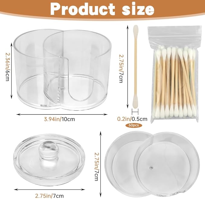 Zornaveli Q Tip Holder, 2-Grid Acrylic Cotton Swab & Cotton Pad Holder, 2 PCS Qtip Holder with Dustproof Lid for Bathroom,With 2 Pack of Qtips, Dressing Table Round Container