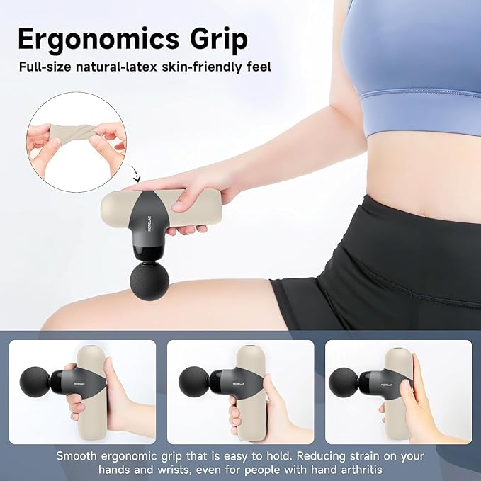 Morelax Mini Massage Gun Deep Tissue, Portable Percussion Muscle Massager for Whole Body Pain Relief, Electric Handheld Sport Massager with 6 Massage Heads 4 Speed, Best Gift (Silver Beige)