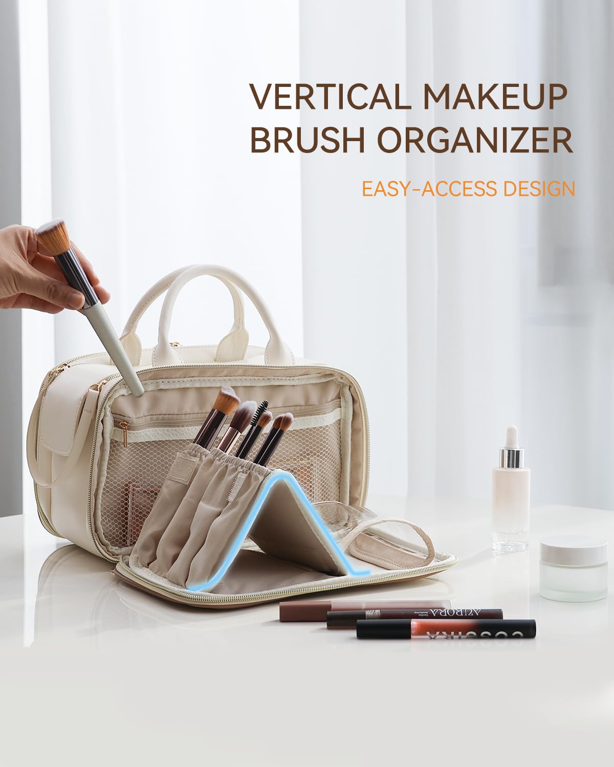 Prite Large Makeup Bag, Waterproof Travel Cosmetic Case with Brush Holder