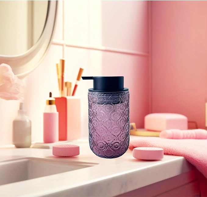 Foaming Hand Soap Dispenser,Vintage Glass Soap and Lotion Dispenser for Bathroom,Kitchen Dish Soap Dispenser with Black Foam Pump (Pink Begonia flowerr+Black Lid)