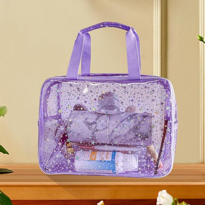 TotePrint 12”X5“X8” Portable 8L Purple Clear Makeup Bag Twinkle Star Toiletry Bag Waterproof Cosmetic Bag With Zipper & Handle for Concert Sports Events Travel Commuting Beach Essential
