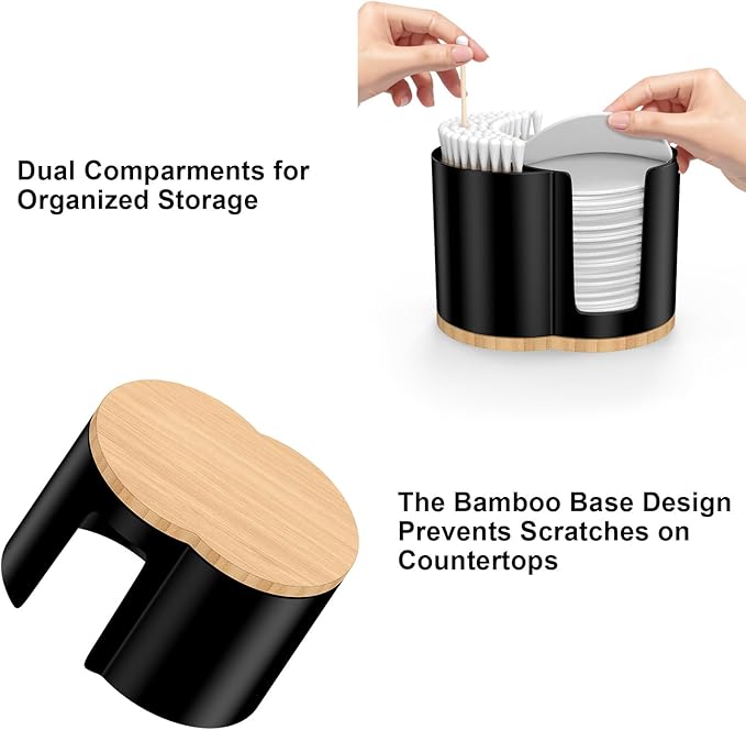 PENGARO Cotton Pad and Swab Holder, Q tip Holder Round Cotton Pad Dispenser Plastic Cotton Swabs Dispenser, Bathroom Accessories Storage Organizer for Cotton Pads Floss Picks, Black