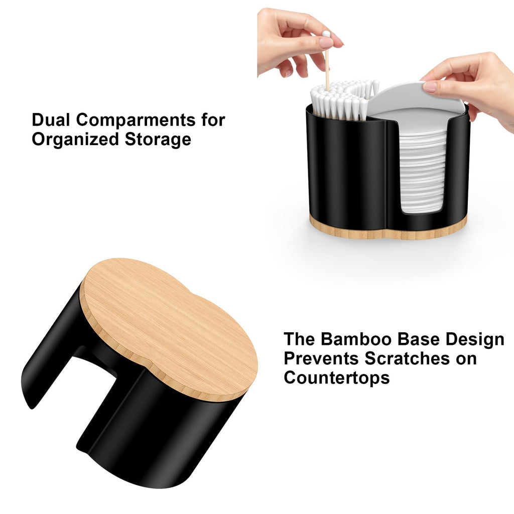 PENGARO Cotton Pad and Swab Holder, Q tip Holder Round Cotton Pad Dispenser Plastic Cotton Swabs Dispenser, Bathroom Accessories Storage Organizer for Cotton Pads Floss Picks, Black