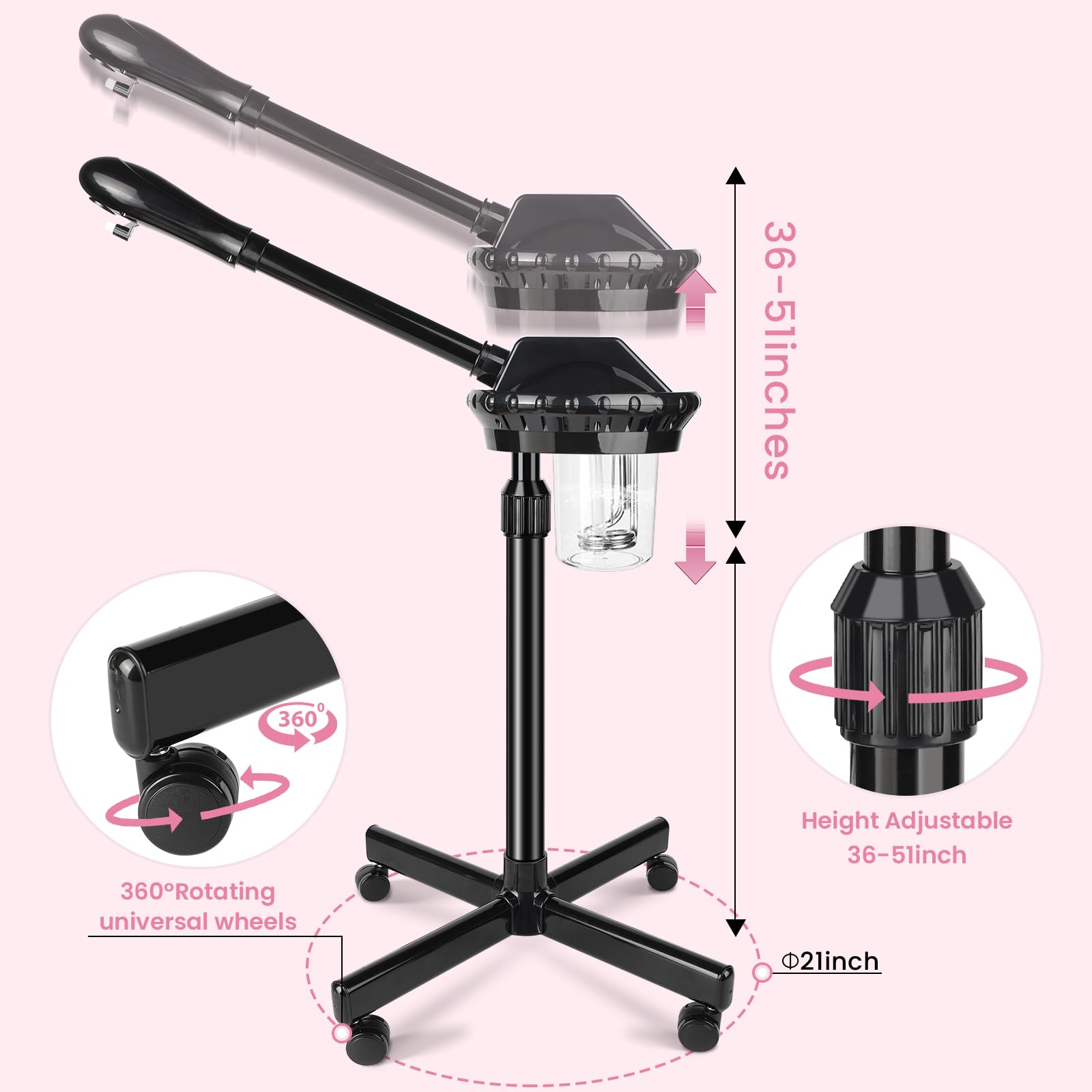 Professional Facial Steamer, Facial Steamer on Wheels with More Steam, Adjustable Height and Angle, Face Steamer for Deep Cleansing and Hydration, Estheticians Steamer for Beauty, Spa and Home Use