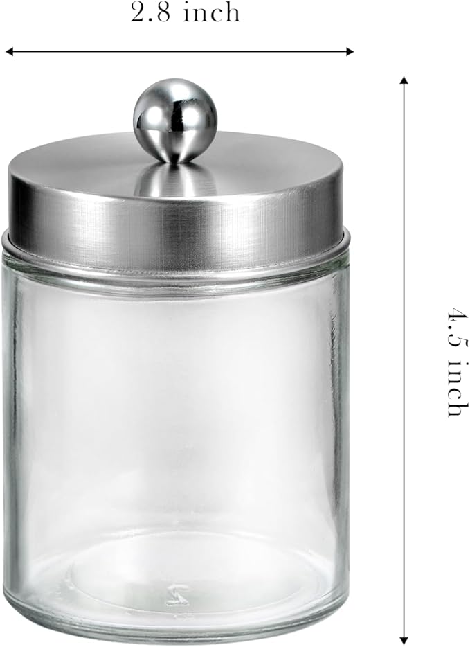 SheeChung 4-Pack Glass Qtip Holder Dispenser - Rust-Proof Stainless Steel Apothecary Jars with Labels -Bathroom Organizer for Cotton Swabs, Balls, Pads-Sleek Countertop Canister (Brushed Nickel)
