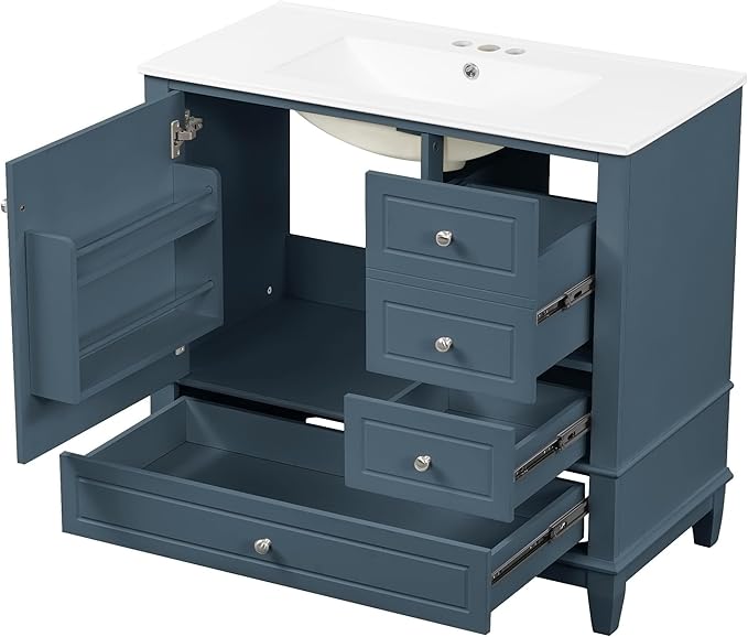 36" Bathroom Vanity with Sink, Harper & Bright Designs Free Standing Single Vanity Set with 3 Drawers and One Door with Storage Racks, Wooden Storage Cabinet with Ceramic Basin for Bathroom, Blue Grey