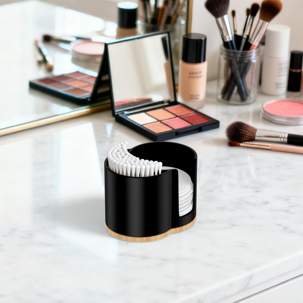 PENGARO Cotton Pad and Swab Holder, Q tip Holder Round Cotton Pad Dispenser Plastic Cotton Swabs Dispenser, Bathroom Accessories Storage Organizer for Cotton Pads Floss Picks, Black