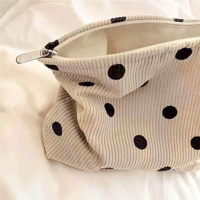 SxoSyo Corduroy Makeup Bags, Polka Dot Cosmetic Bag for Purse, White