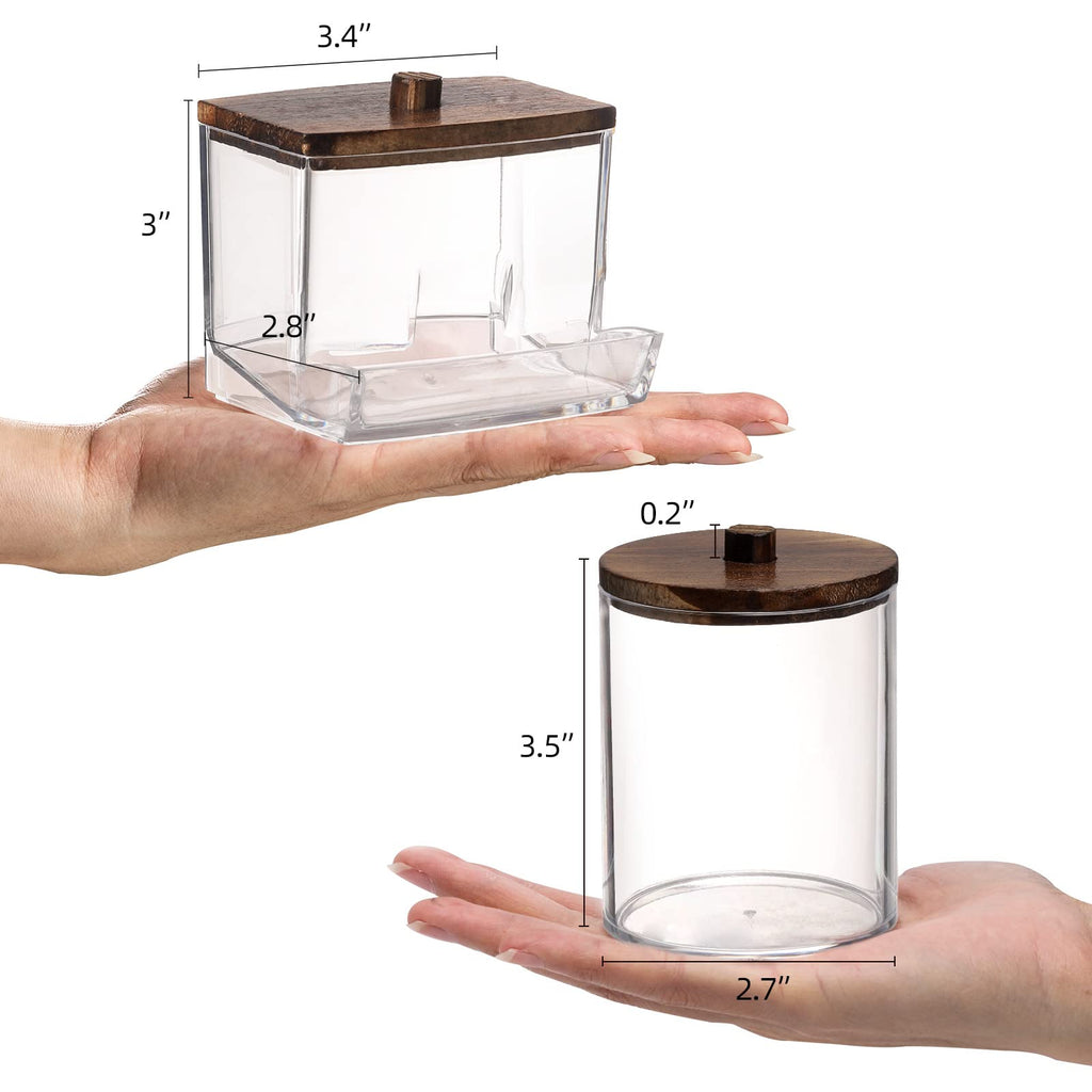 Tbestmax Qtips Holder Bathroom Container with Brown Wood Lids, 10/7 OZ Cotton Ball/Swabs Dispenser, Apothecary Organizer Jar for Storage 2 Pcs