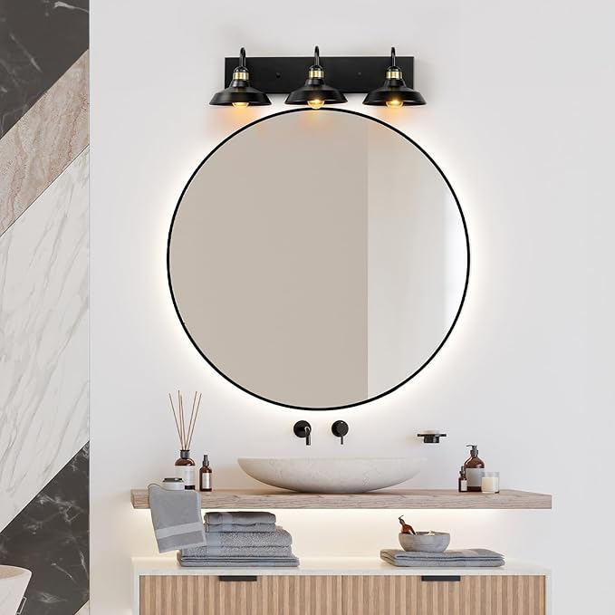 Globe Electric 63000199 24" 3-Light Vanity Light, Matte Black, Brass Accents, Exposed Bulb, Bathroom/Makeup Mirror, Wall Light