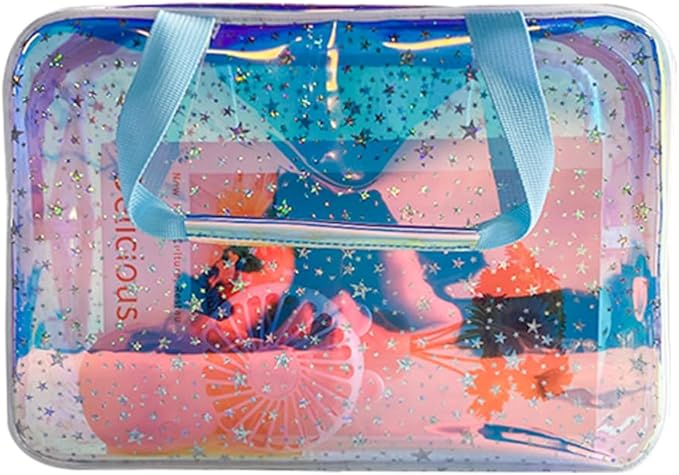 TotePrint TPU Holographic Blue Clear Star Large Cosmetic Bag and Travel Pouch with Handle,Durable TPU Material,Zipper Design-Ideal for Makeup,Travel Essentials (Holographic Blue)