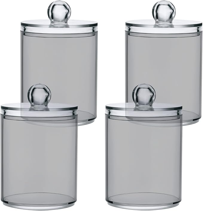 Grey Qtip Holder Organizer Dispenser Cotton Swabs Cans Plastic Jars with Lid Set 2 Pack Bathroom Storage Canister for Cotton Ball Floss Cotton Pads
