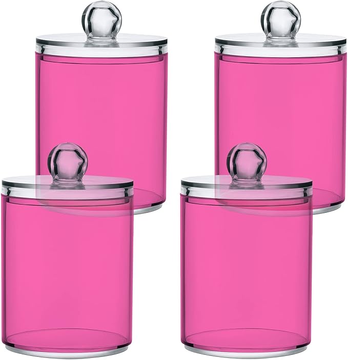 Hot Pink Qtip Holder Organizer Dispenser Cotton Swabs Cans Plastic Jars with Lid Set 2 Pack Bathroom Storage Canister for Cotton Ball Floss Cotton Pads