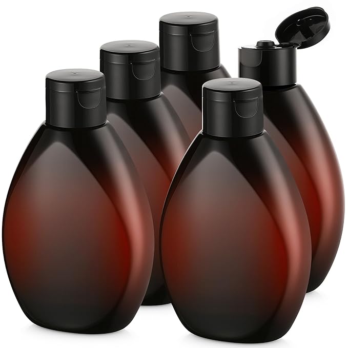 Wowang Plastic Squeeze Bottles with Flip Cap 6.9oz 5 Pack Leak Proof Shampoo and Conditioner Containers Travel Essentials for Shampoo Conditioner Body Wash(Brown)