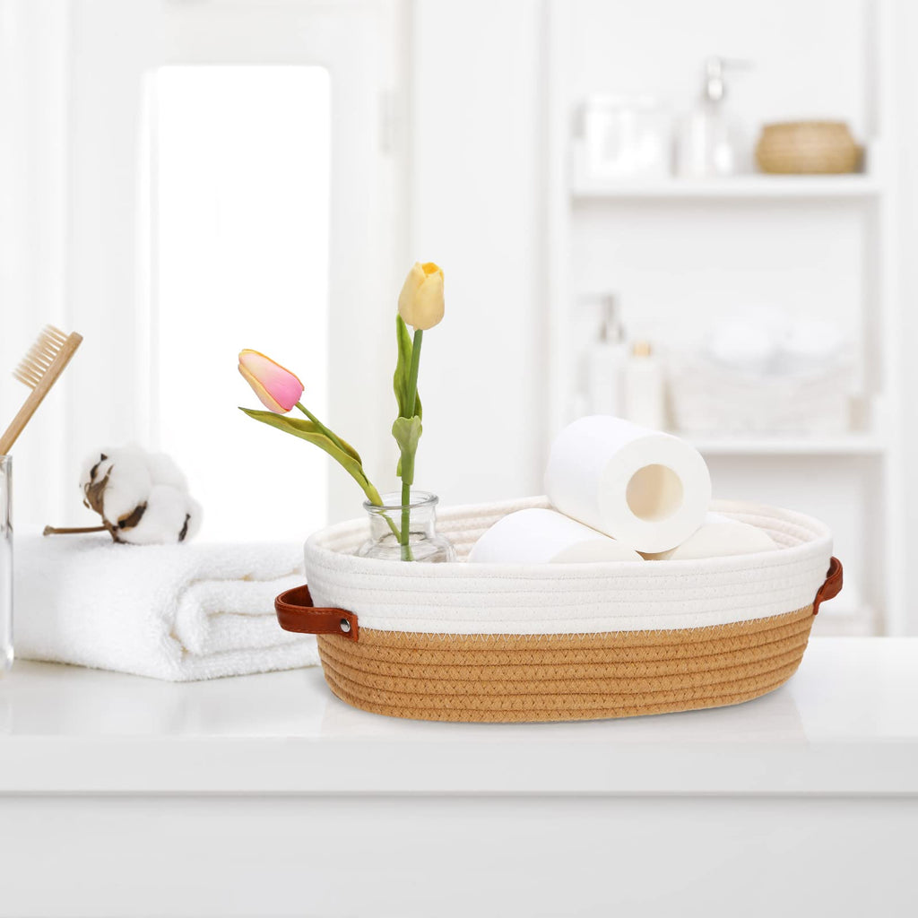 HLWDFLZ Bathroom Countertop Organizer Basket, Cotton Rope Woven Storage Basket Toilet Paper Decorative Basket for Bathroom, Bedroom, Living Room, Entryway 13"x6.3"x4.3" (Off White/Jute)