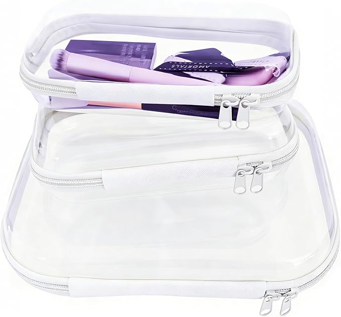 YOQIVEXU 3 Pcs Clear Hard Zipper Case, Hard Shell Plastic Clear Organizer Bag, Transparent Makeup Pouches, Portable Box for Travel Toiletries Storage Bins (White)