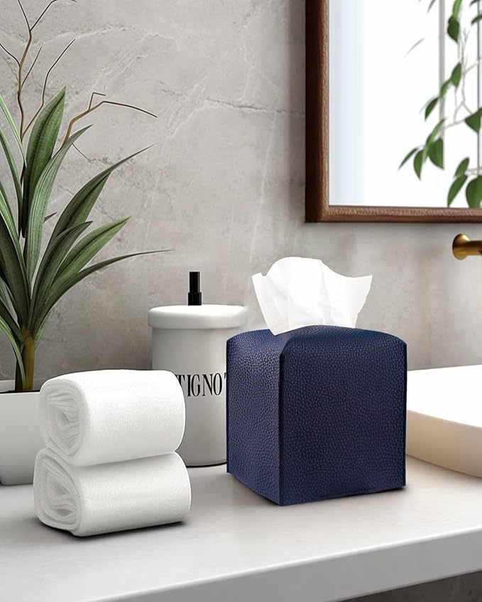 Tissue Box Cover Square Leather – Tissue Box Holder with Bottom Belt [JESMINI, Navy Blue] Decorative Cube Tissue Holder for Bathroom