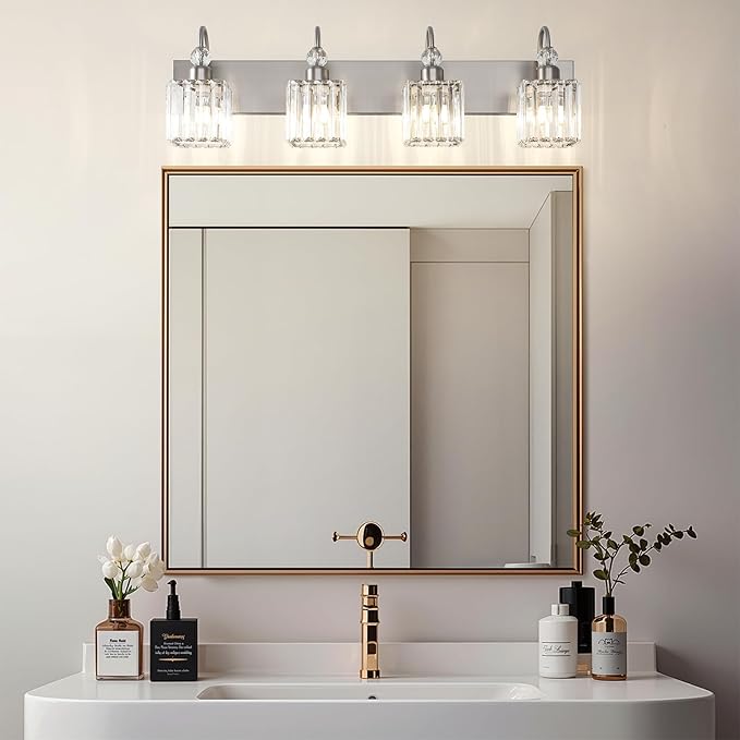 Ralbay Crystal Brushed Nickel Vanity Light for Bathroom 4-Light Modern Bathroom Light Fixtures
