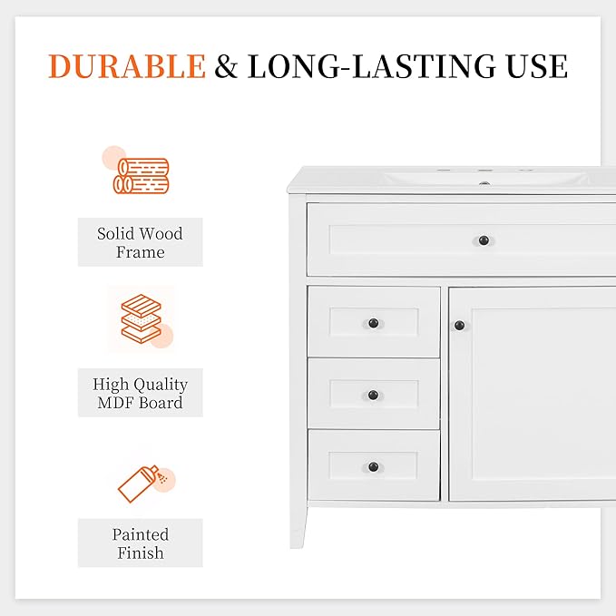 Harper & Bright Designs 36" Bathroom Vanity with Sink, Free Standing Vanity Set with 4 Drawers, Storage Racks, and Adjustable Shelf, Wood Bathroom Cabinet with Ceramic Basin for Bathroom, White