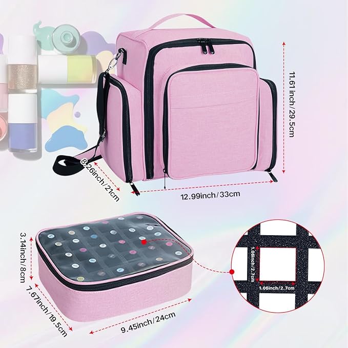 YAHOURWAT Nail Polish Organizer Holds 60 Bottles and a Nail Lamp,Portable Travel Case with 2 Removable Bags and Tools Storage Pockets Pink