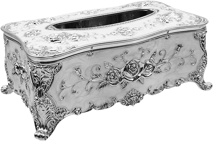 9.45"x5.43"x3.94" Luxurious Rose Tissue Box with Imitation Diamonds, Embossed Flowers, Elegant Tissue Paper Holders for Home Toilet Bath Hotel,Silver-White