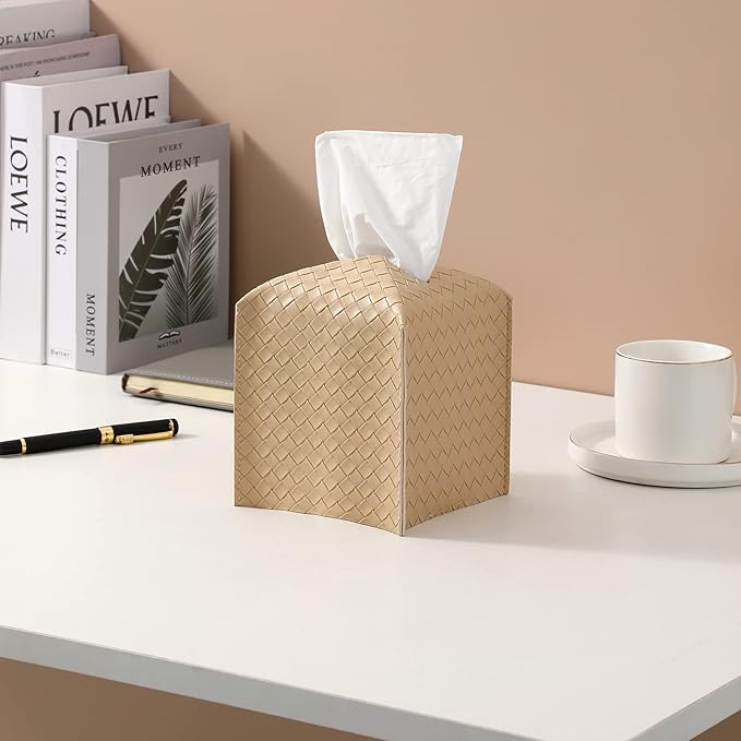 Tissue Box Cover PU Leather Tissue Holder Square Facial Tissue Case Facial Paper Organizer Dispenser for Bathroom, Vanity Countertop, Tabletop, Car, Rice Apricot