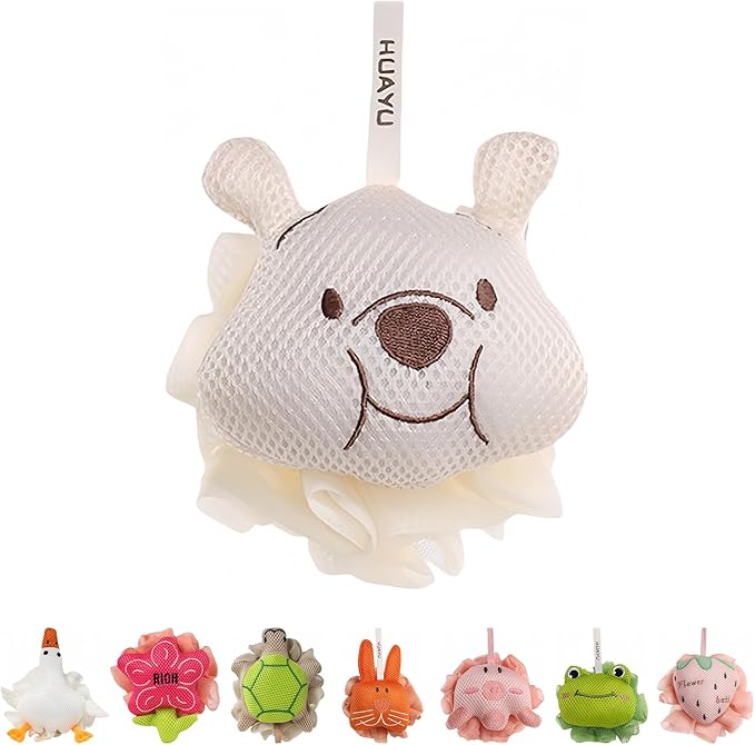 Kids Loofah, Cute Cartoon Animal Kids Bath Sponge with Hanging Rope, Soft Double Mesh for Rich Lather (Long Eared Bear)