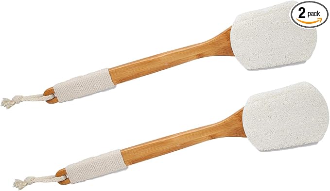 Leotruny 100% Natural Exfoliating Loofah with Long Wooden Handle Shower Back Brush (Off-White (2 Pack))