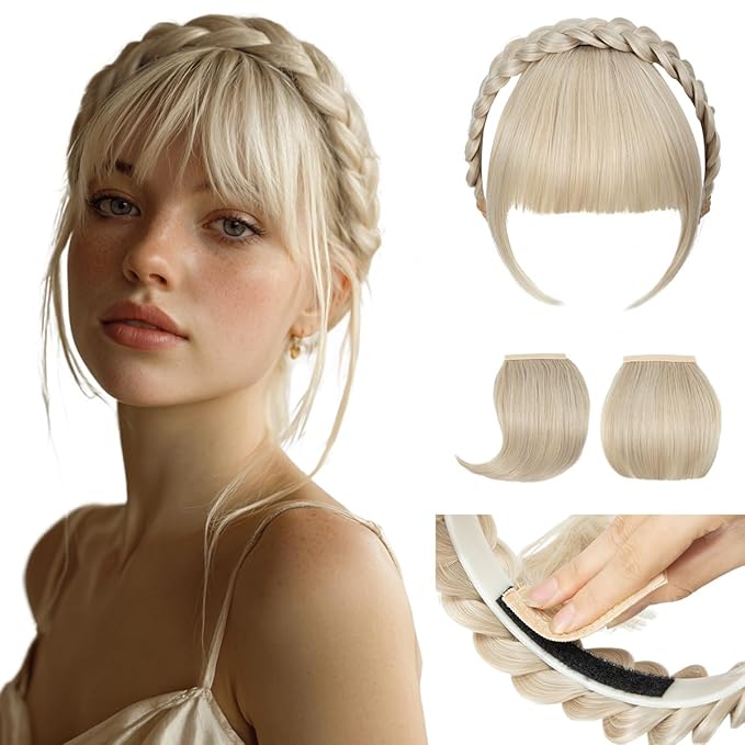 SARLA Braided Headband with 3 Detachable Clip in Bangs Fringe Hairpieces Fake Synthetic Hair Band Bangs for Women Cream Blonde