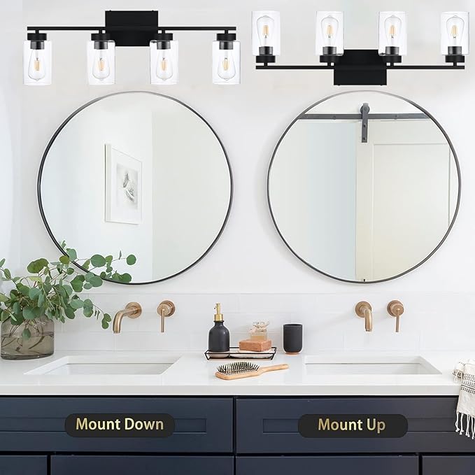 A1A9 4 Light Bathroom Vanity Light Fixtures, Matte Black Modern Wall Lights with Clear Glass Shade, Vintage Wall Sconce Lighting for Living Room, Mirror, Bedroom, Hallway (Black, 4-Lights)