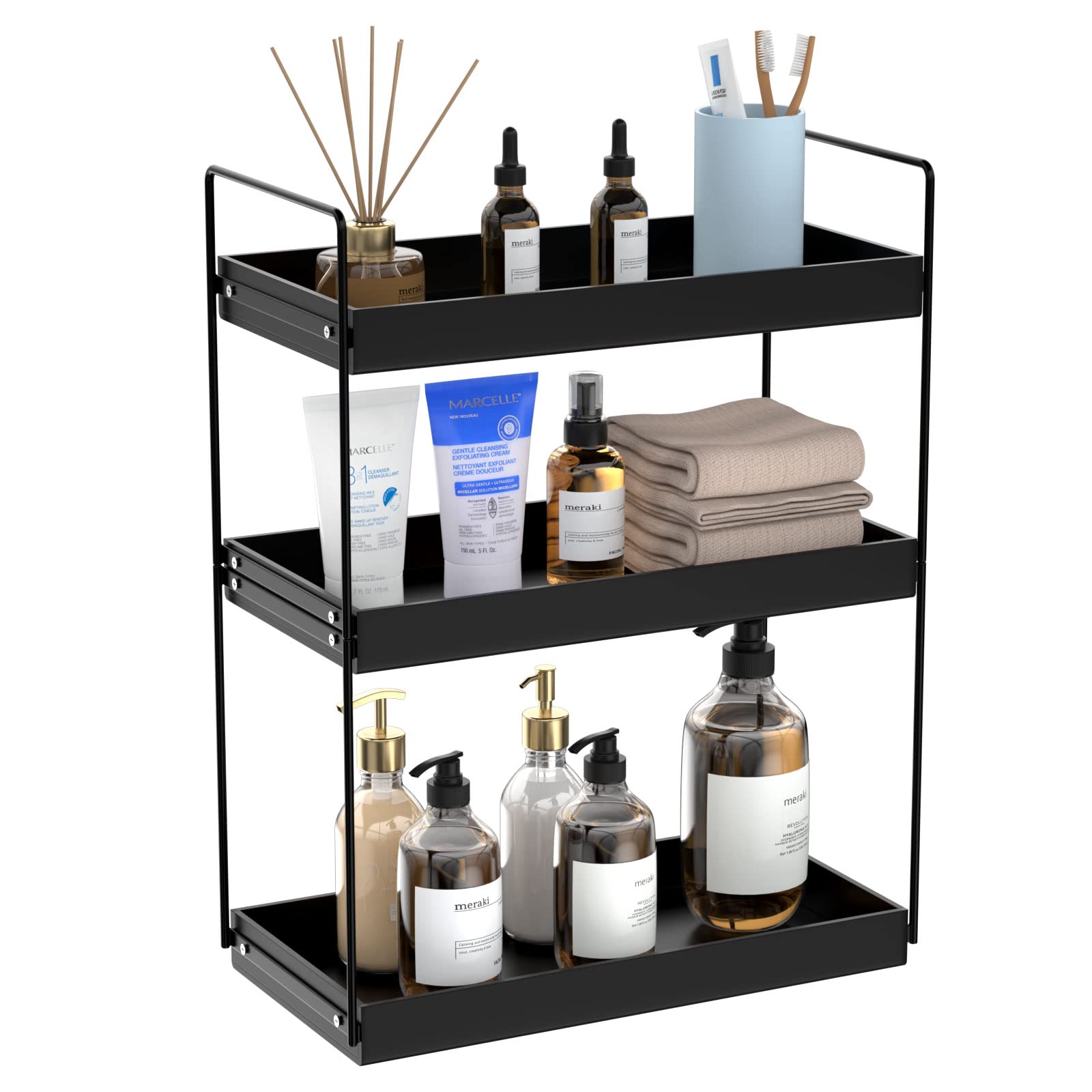 Bathroom Countertop Organizer, 3 Tier Metal Vanity Counter Skincare Shelf, Matte Black Under Sink Standing Rack With Acrylic Tray, Home Storage Holder For Lotion Makeup Cosmetics Perfume Spice