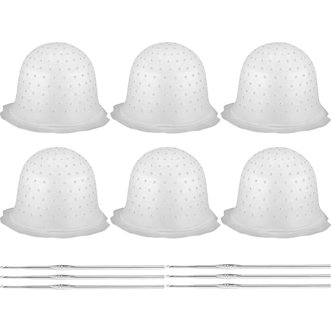 6 Set Silicone Highlight Cap for Highlighting Hair - Pre-Punched Holes Reusable Cap with Needle, Professional Hairdressing Dyeing Tools for Salon Home Women Men