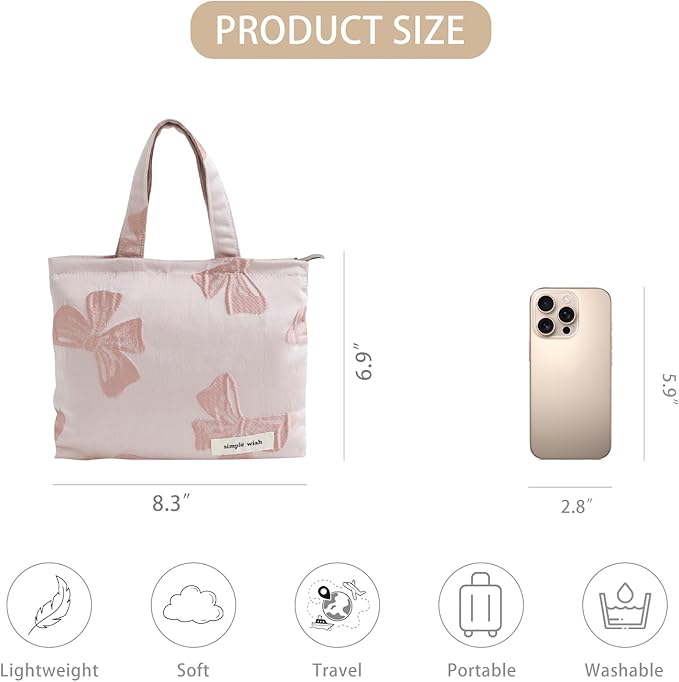 Wudygirl Makeup Bag Travel Cosmetic Bag for Women Small Makeup Pouch with Handle Zipper Cosmetic Pouch Handbag Aesthetic 8.3" x 6.7"(Pink Bow)
