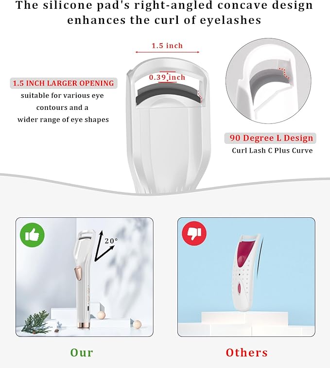 Heated Eyelash Curler Premium PRO - Fast Heat up in 8s - 24 Hours Long Lasting, White-HA