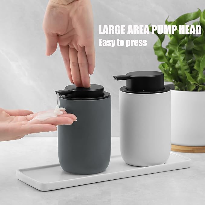 Hand Soap Dispenser for Bathroom Decro, Ceramic Liquid Pump Bottles Refillable Dish Dispenser for Kitchen Farmhouse Colleage Dorm, Matte Grey 2 Pack