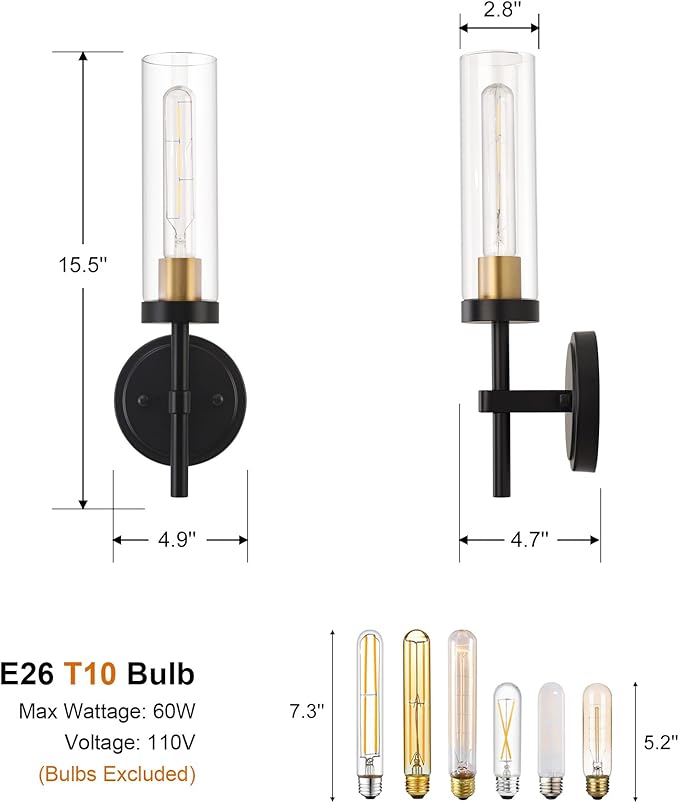 Hardwired Wall Sconces Set of Two, Bathroom Vanity Sconces Wall Lighting with Clear Glass Shade, Black and Gold Modern Farmhouse Wall Mount Lights for Mirror Bedroom Living Room Hallway Entryway