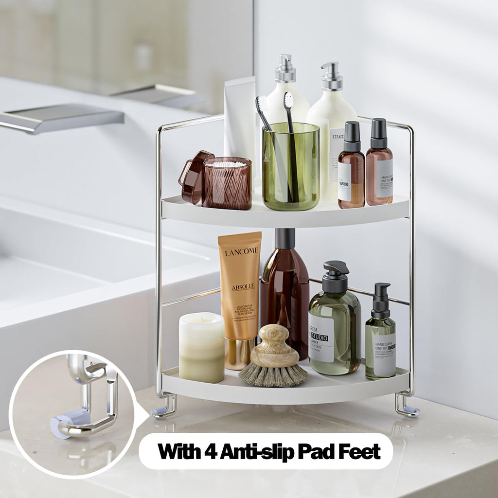 KINGNERWI 2-Tier Bathroom Counter Organizer, Vanity Corner Shelf, Silver