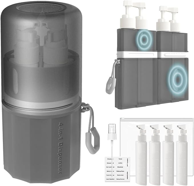 AnOis7ter 4 in 1 Travel Dispenser Bottle, TSA Approved Refillable Shampoo and Conditioner Bottles Set with Suction Cup for Smooth Walls, Travel Size Toiletries Container for Body Wash/Lotion.(Grey)