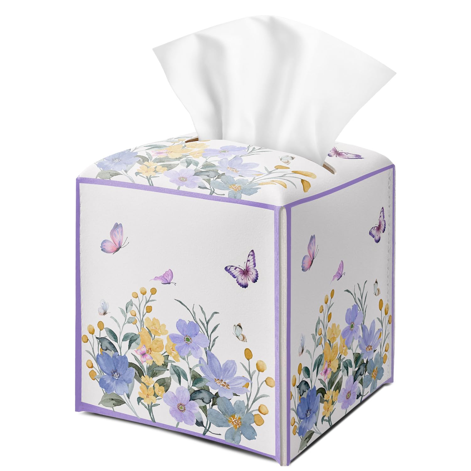 Butterfly Purple Floral Tissue Box Cover Square with Bottom Belt, Leather Waterproof Tissue Holder Facial Paper Case for Tabletop Home Office Bathroom Car Decor -08