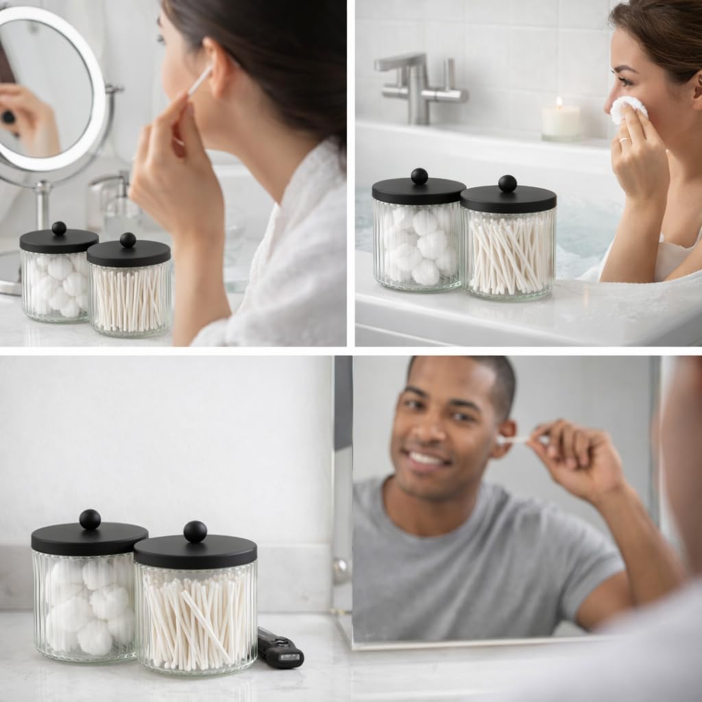 KMwares 2-Pack Glass Qtip Holder Dispenser Set - Bathroom Canister Storage Organizer for Cotton Balls, Swabs, Floss Picks, and Makeup Sponges with Matte Black Metal Lid - Clear Vanity Apothecary Jars