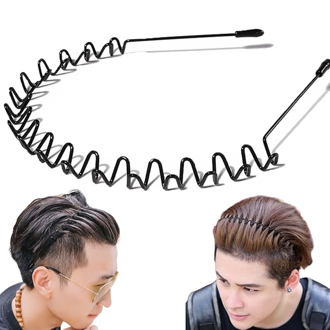 Vrose Flosi Metal Headband for Men - Zig Zag Wavy Hair Band for Thick Curly Hair Non-Slip Slicked Back Headband with Safe Ball-End Tips to Prevent Forehead Acne Black Wire Hair Accessories
