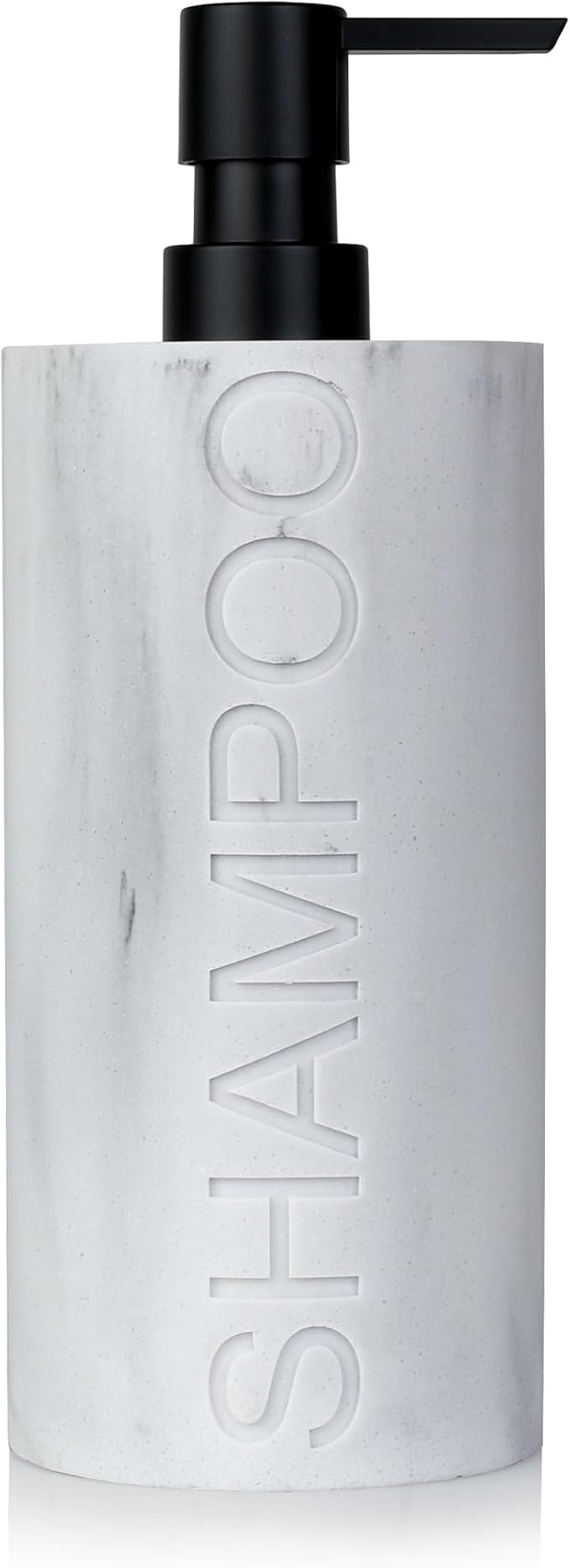 Indecor Home Resin White Marbled Shampoo Engraved Bottle Refillable Pump Dispenser, Durable Waterproof Construction for Bath, Shower - Resin White Marble - Matte Black Pump